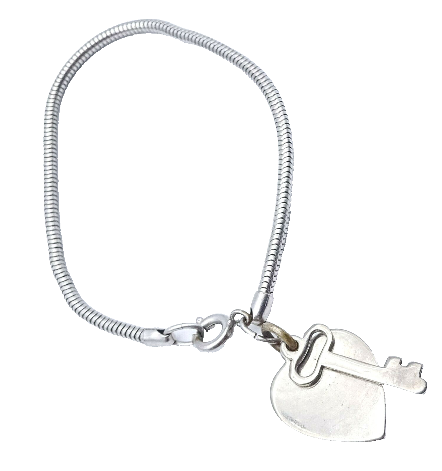 Vintage Silver tone Snake Chain Bracelet With Heart and Key 7 in