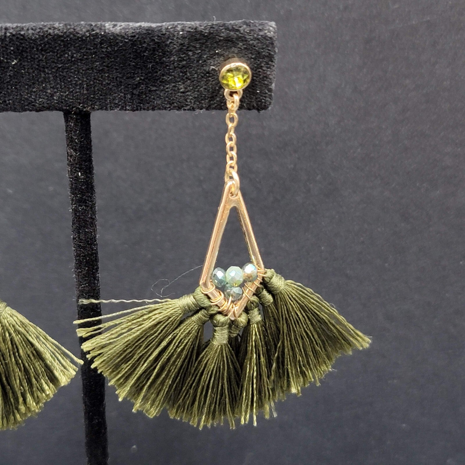 Pierced Earrings Gold tone Green Rhinestone Tassel Dangle 3"