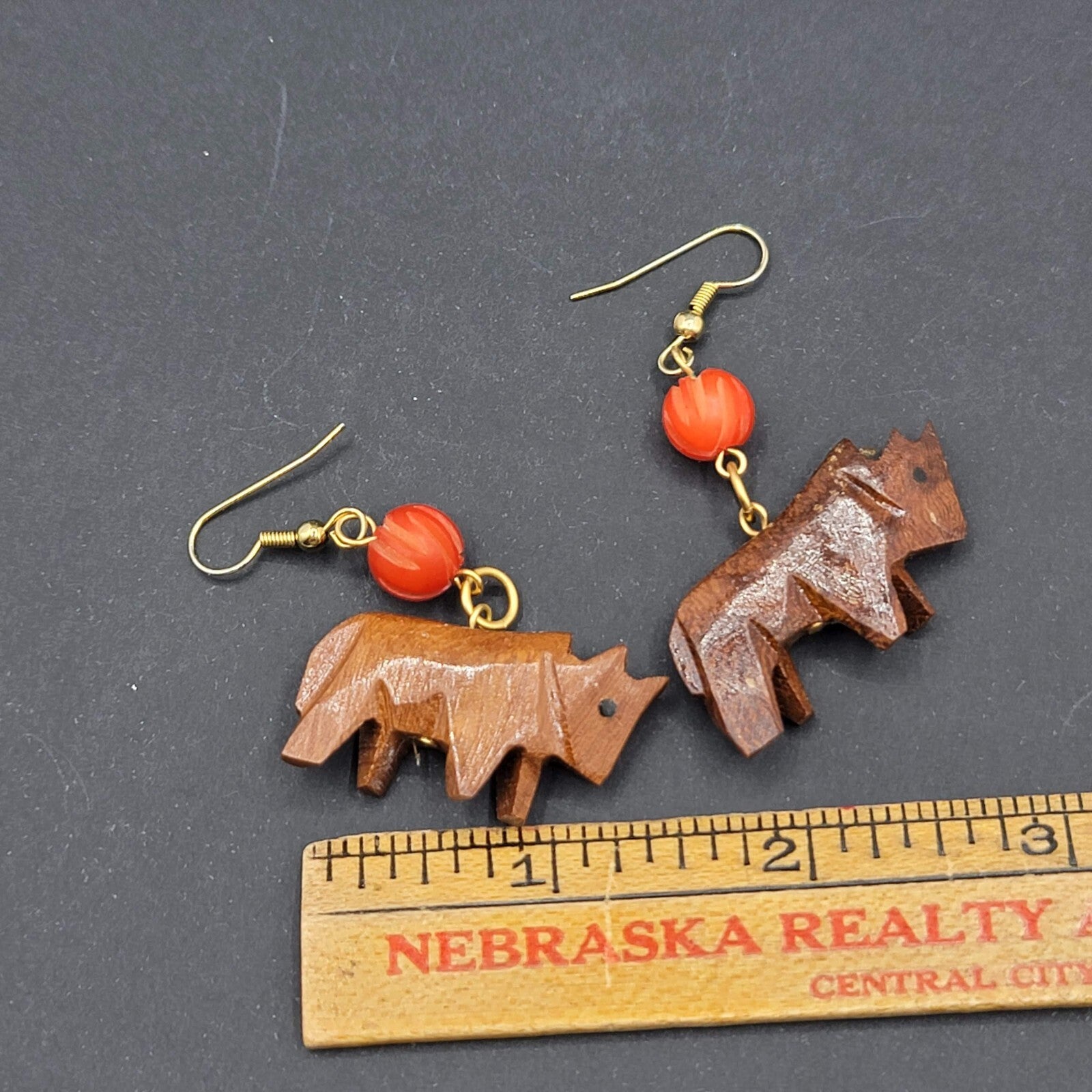Hand Carved Wooden Animal Dangle Earrings Orange Bead 1.5"