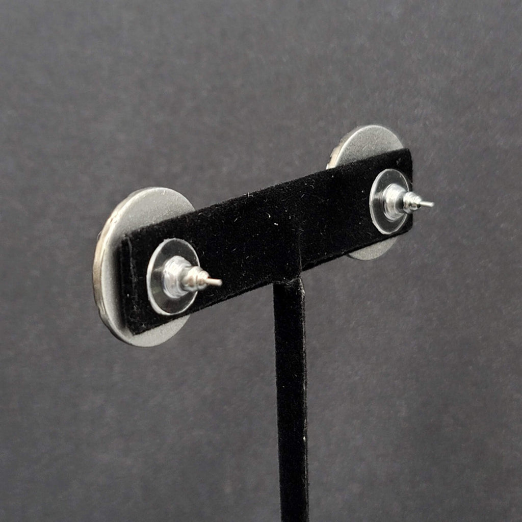 Vintage Pierced Earrings Silver tone Black Acrylic Cabochon Round Studs 1"