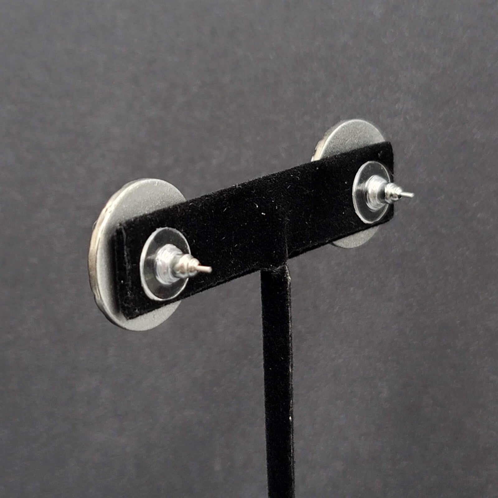 Vintage Pierced Earrings Silver tone Black Acrylic Cabochon Round Studs 1"