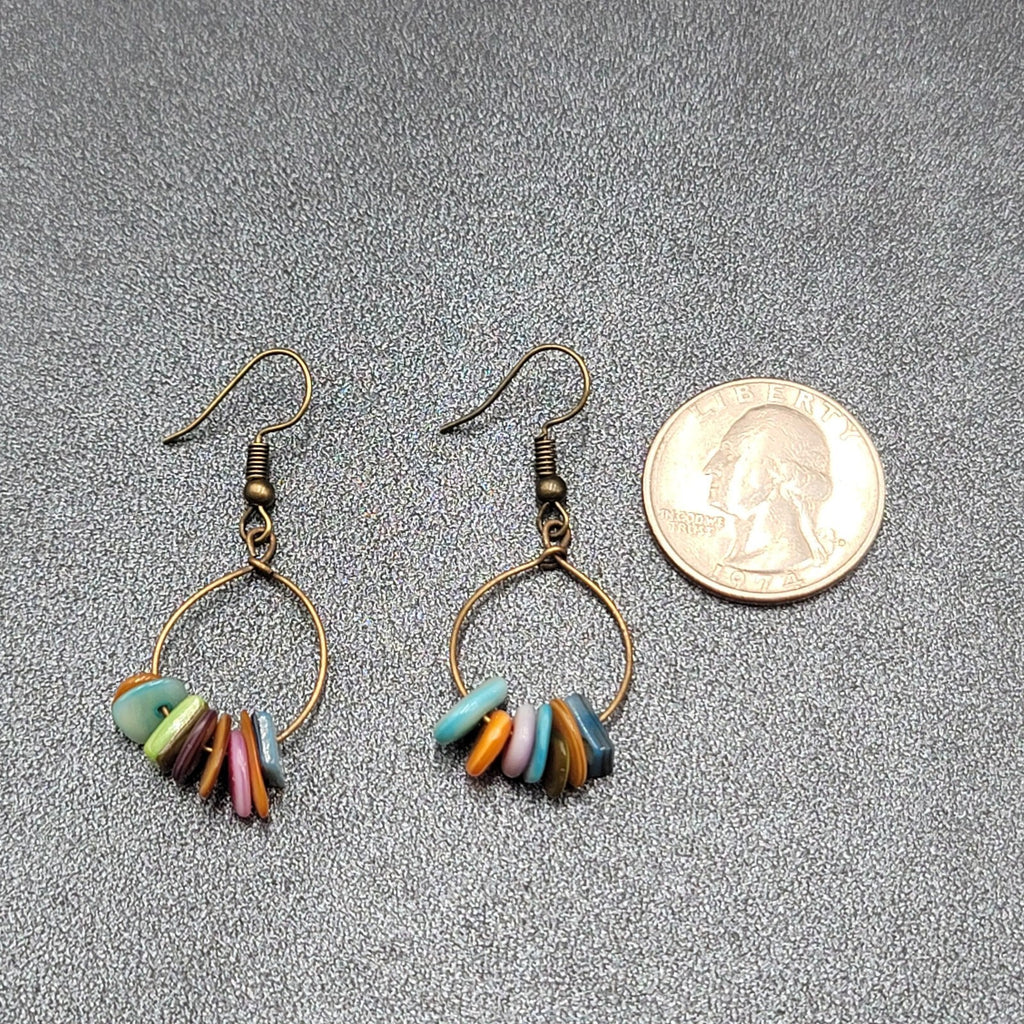 Pierced Earrings Multicolor Shell Beads Dangle Hoops 1 1/8"