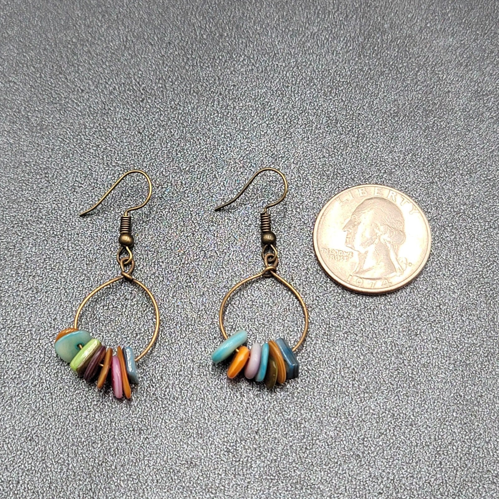 Pierced Earrings Multicolor Shell Beads Dangle Hoops 1 1/8"