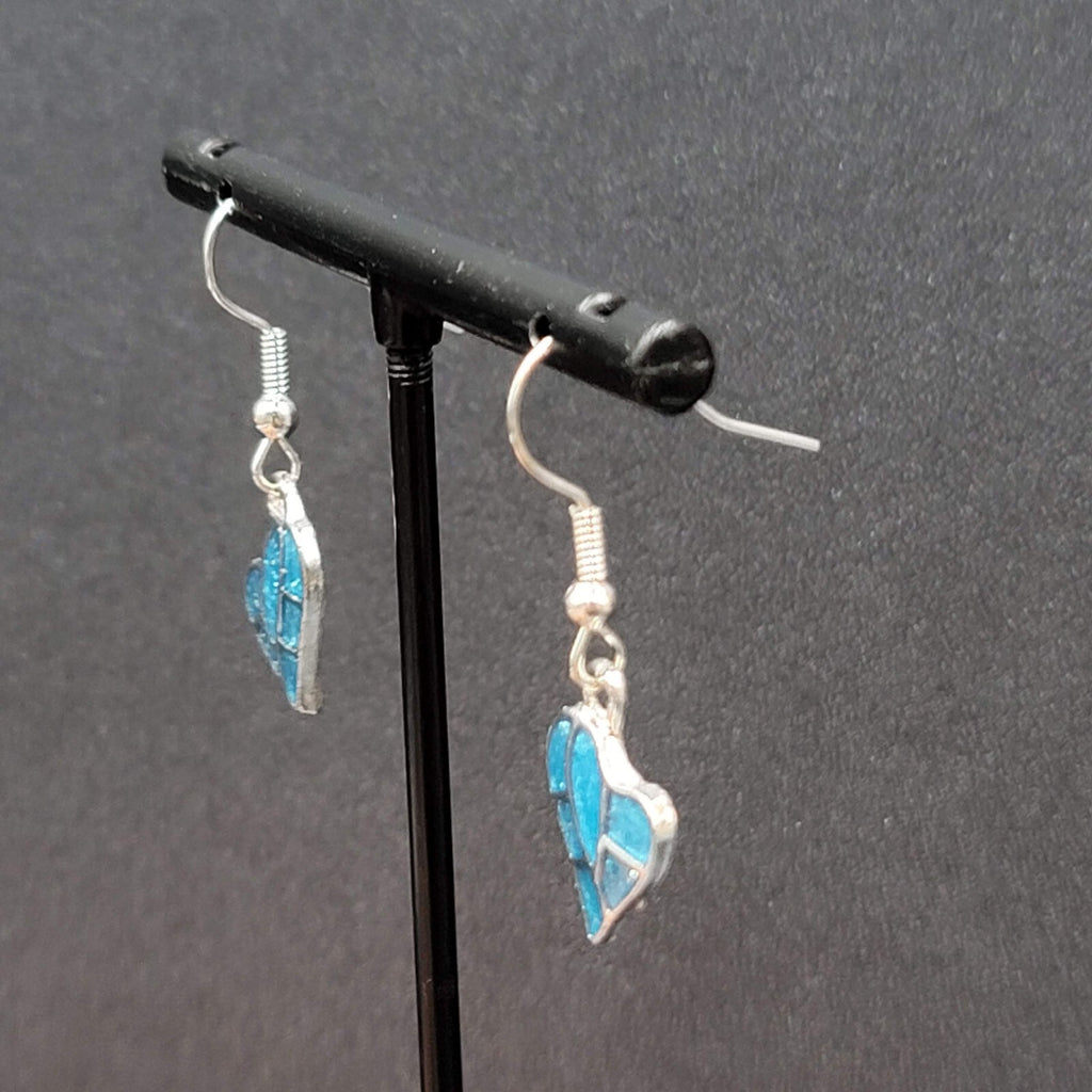 Heart Pierced Earrings Silver tone Blue Enamel Glitter Dangle 5/8"