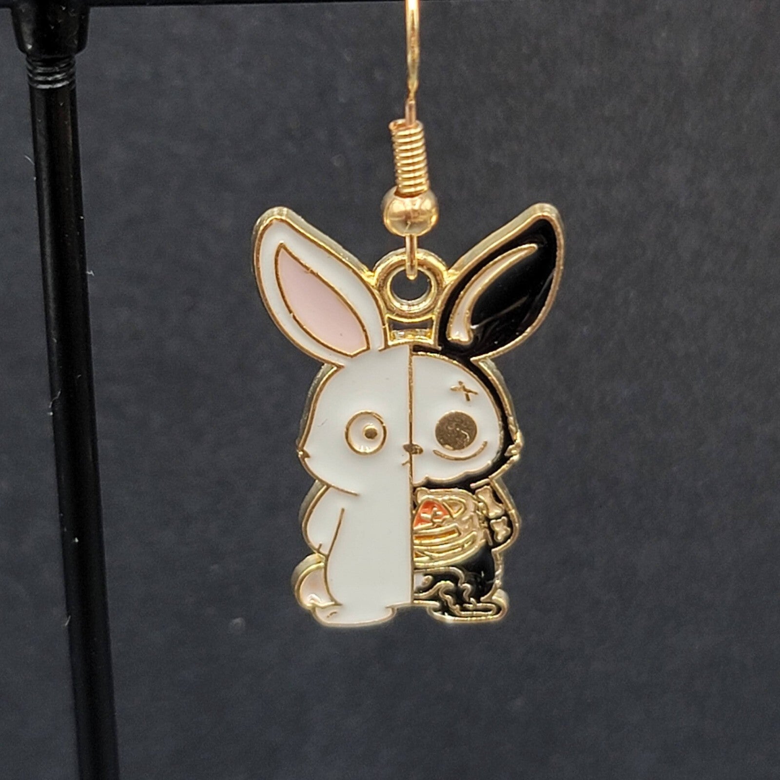 Zombie Rabbit Bunny Pierced Earrings Halloween Half Skeleton Enamel Dangle 1"