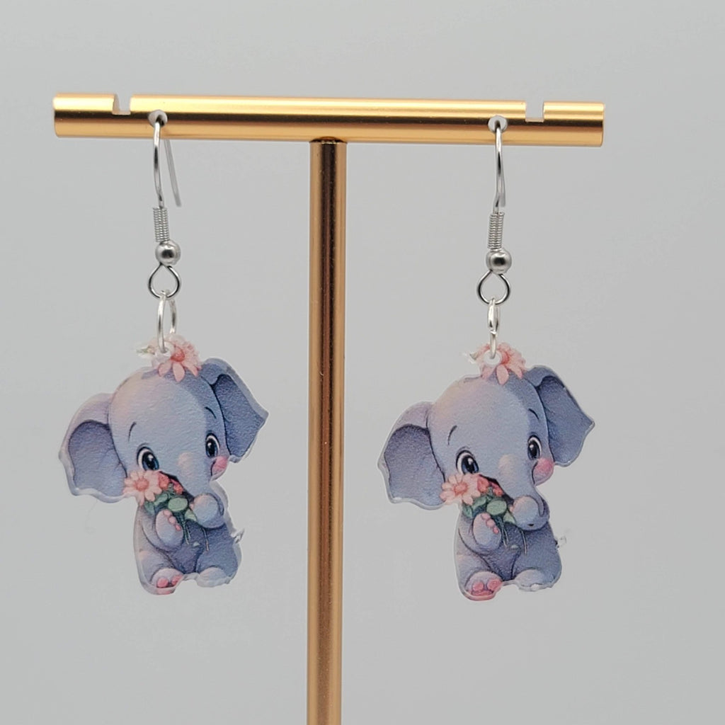 Elephant Pierced Earrings Acrylic Silver tone Dangle  1.25 in