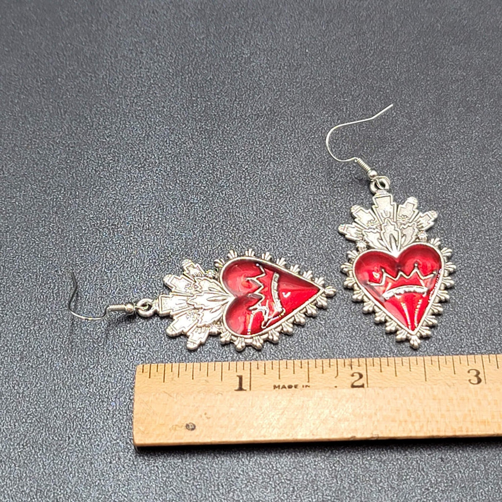 New Crown Heart Pierced Earrings Silver tone Red Goth Rock Dangle 1.75"