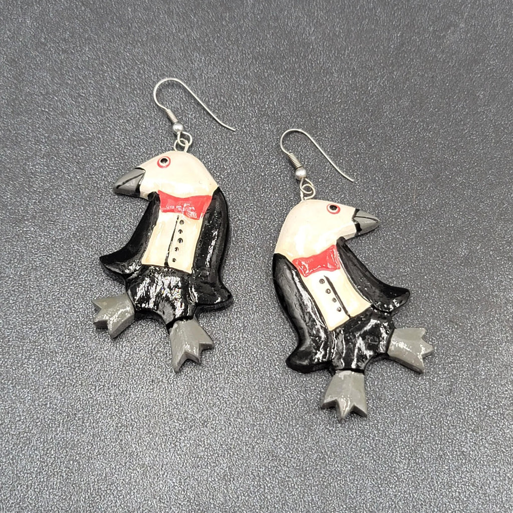 Vintage Pierced Earrings Painted Tuxedo Penguins Wood Dangle 2.25"