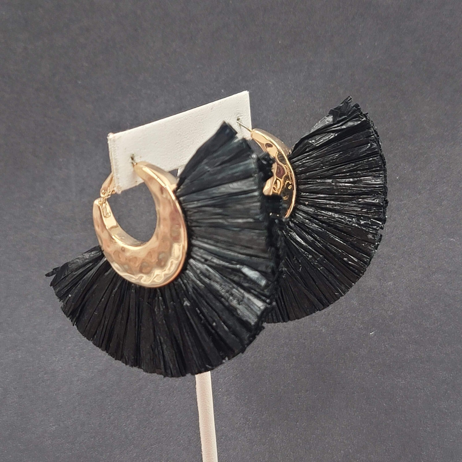 Pierced Earrings Gold tone Black Rattan Tassel Dangle 2.25"x3.25"