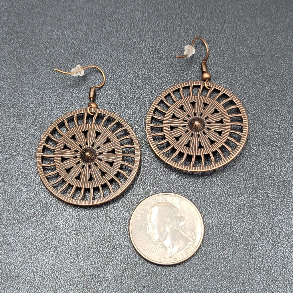 New Boho Pierced Earrings Bronze tone Blue Enamel Round Open Flower Dangle 1.25"