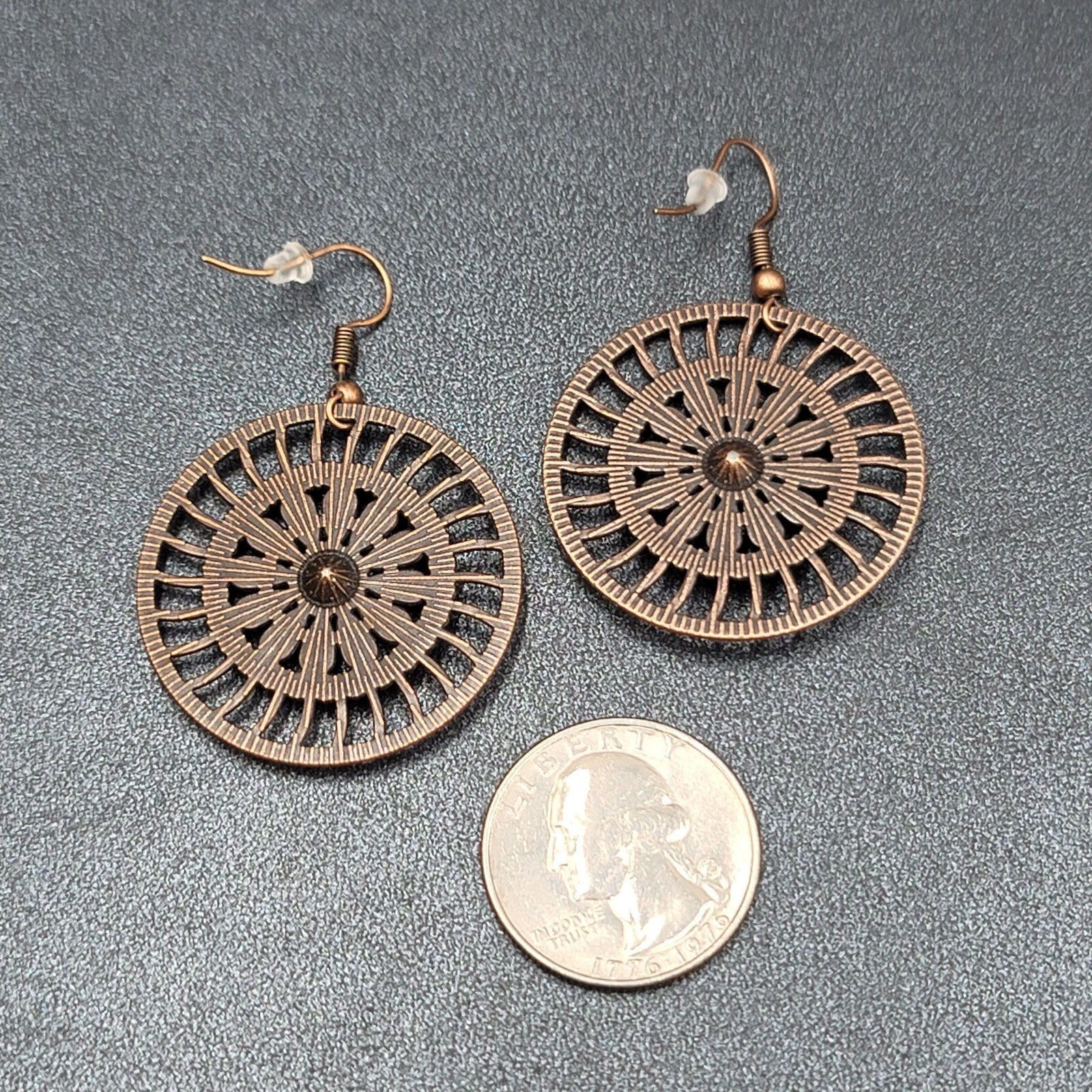 New Boho Pierced Earrings Bronze tone Blue Enamel Round Open Flower Dangle 1.25"