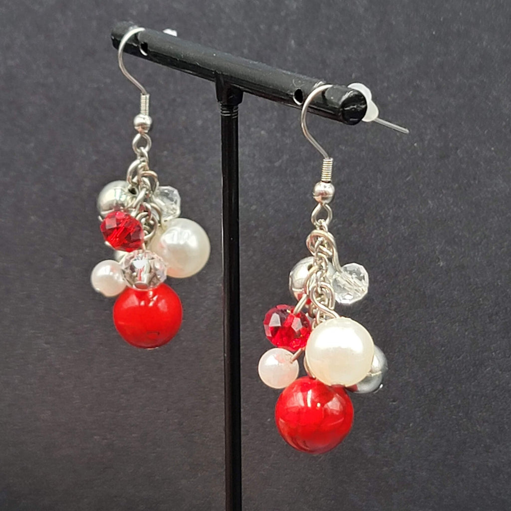 Pierced Earrings Silver tone Red White Cluster Bead Dangle 1.5"