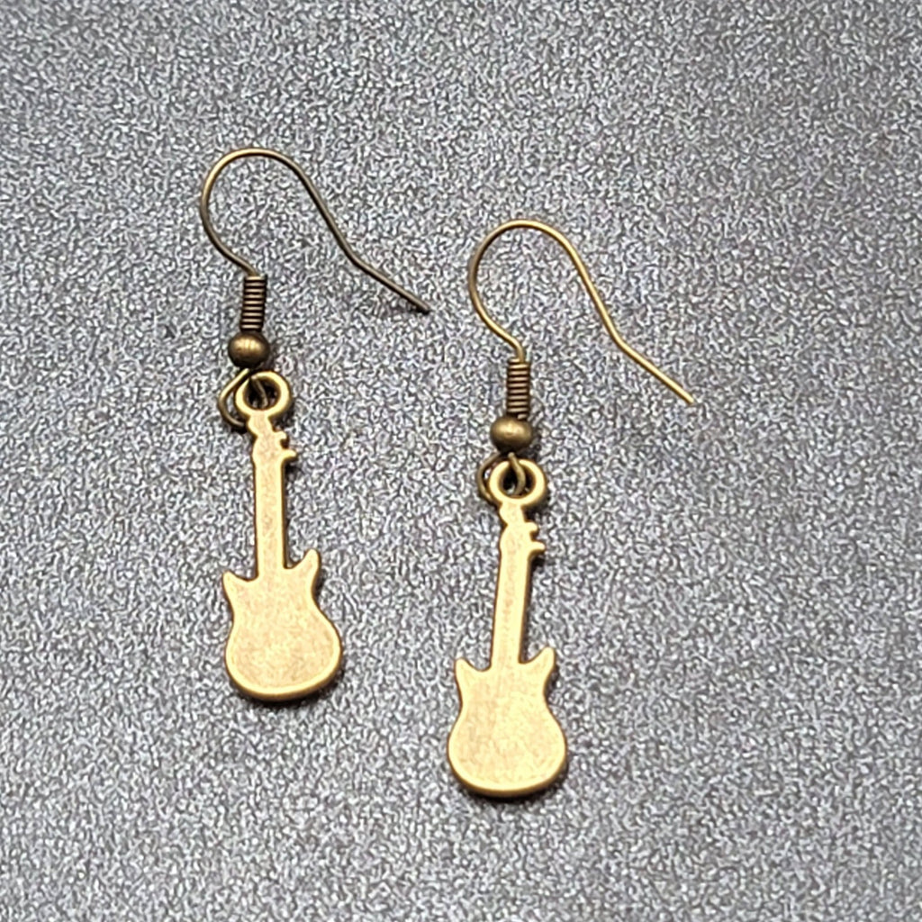 Electric Guitar Pierced Earrings Bronze tone Embossed Dangle 1"