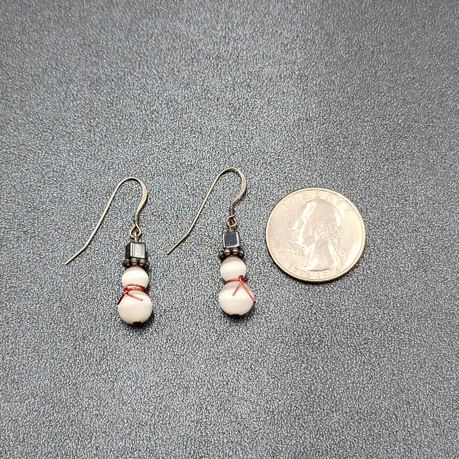 Snowman Pierced Earrings White Cats Eye Beads Hematite Hat Dangle 7/8"