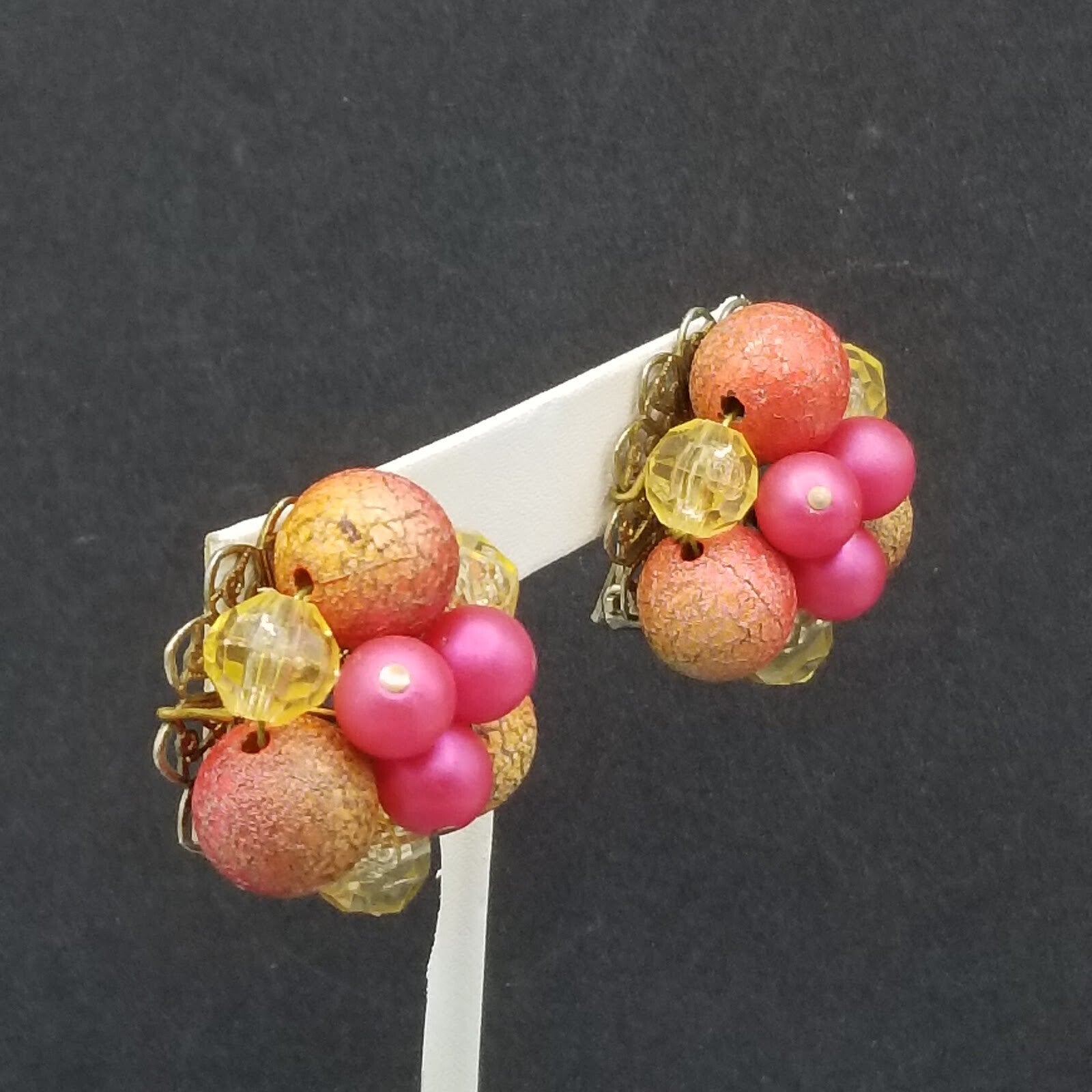 Vintage Clip On Pink Acrylic Bead Cluster Stud 1 1/4"
