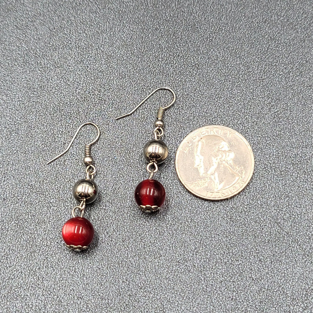 Pierced Earrings Silver tone Bead Red Moonglow Bead Dangle 1"