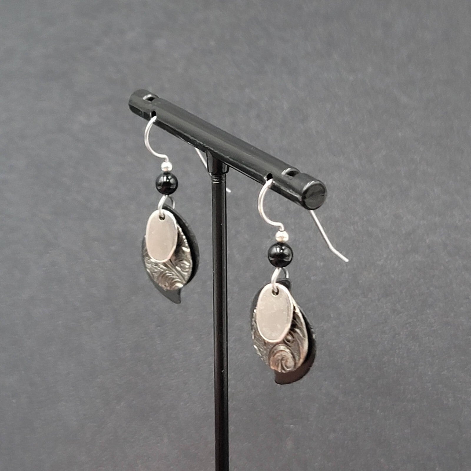 Pierced Earrings Silver tone Black Bead Layered Metal Dangle  3/4"