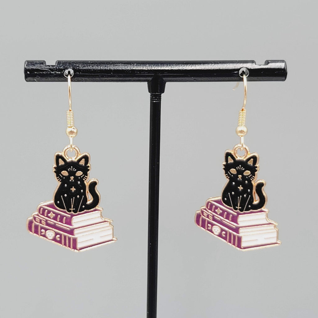 Black Cat Purple Books Pierced Earrings Enamel Gold tone Dangle New 1"