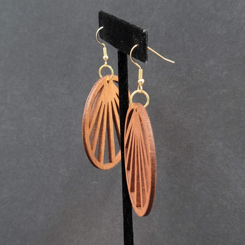 Pierced Earrings Laser Cut Boho Round Wood Dangle Gold tone 2"