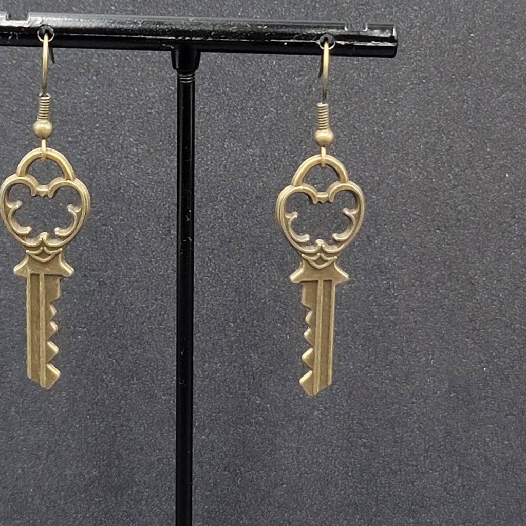 New Pierced Earrings Ornate Key Bronze tone Dangle 1.5"