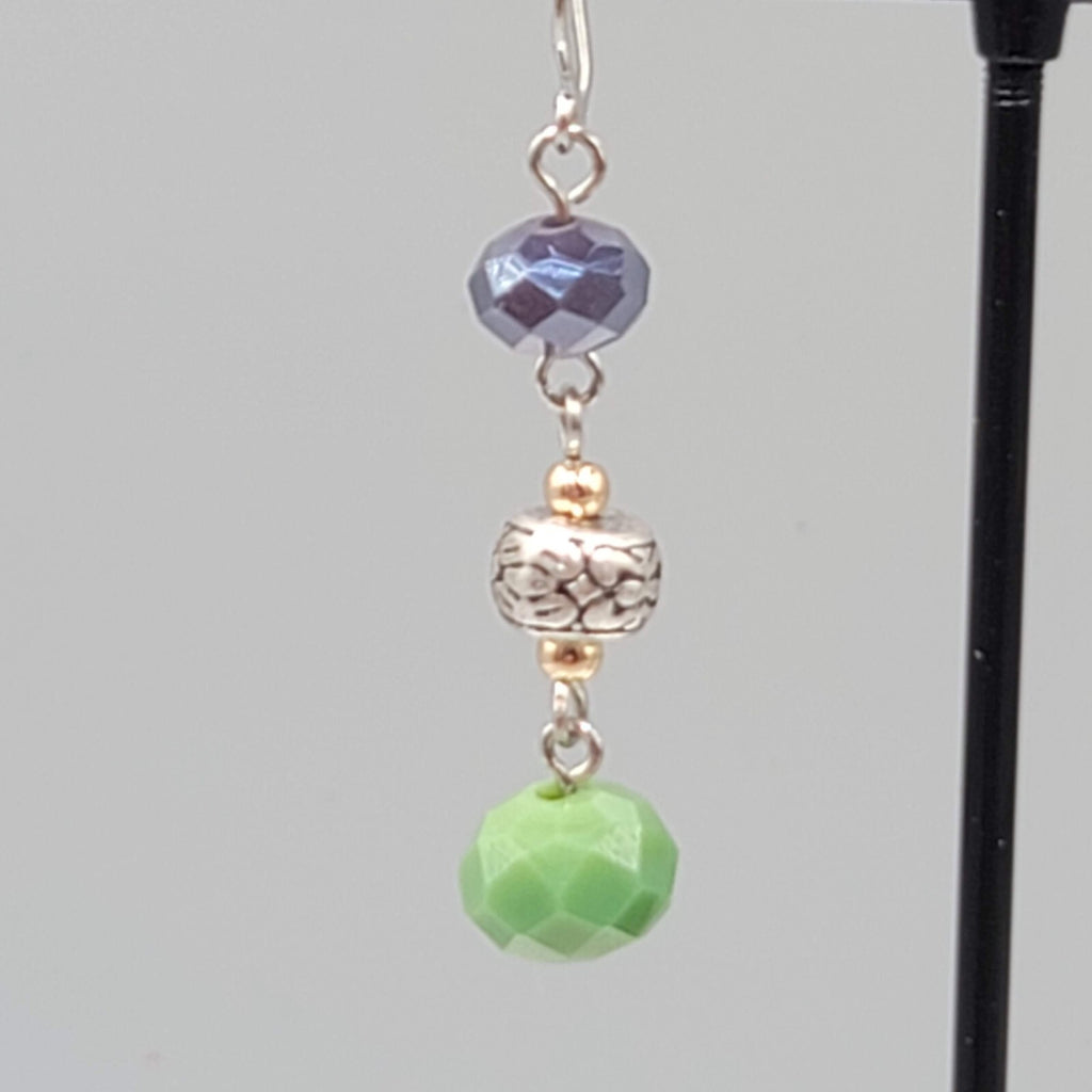 Pierced Earrings Silver tone Purple Green Glass Beads Dangle 1.5"