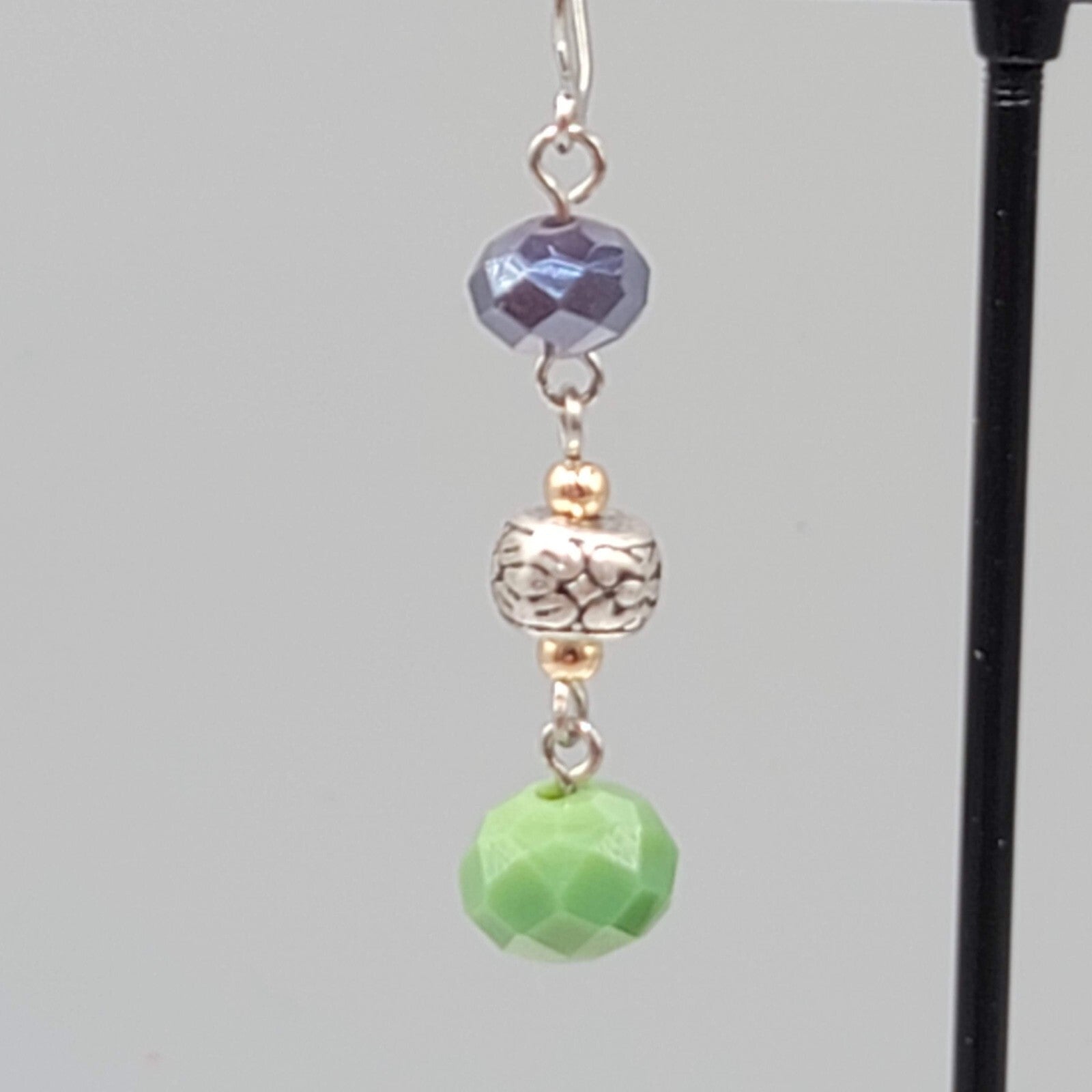 Pierced Earrings Silver tone Purple Green Glass Beads Dangle 1.5"