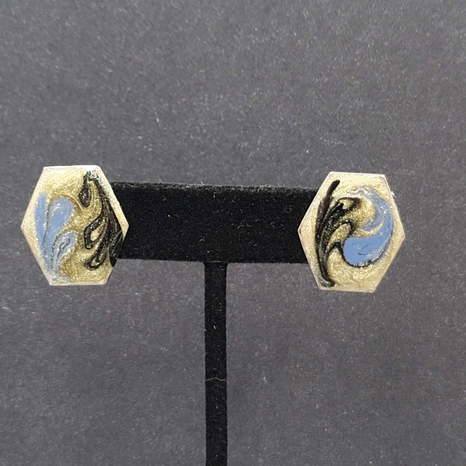 Vintage Pierced Earrings Blue Black Enamel Silver tone Drop 7/8"