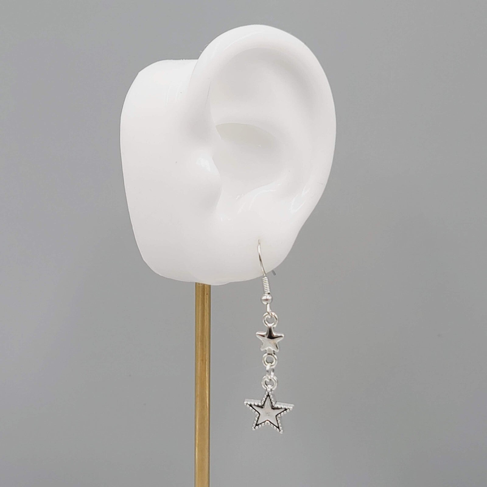 Stars Pierced Earrings Silver tone Embossed Dangle New 1 1/8"