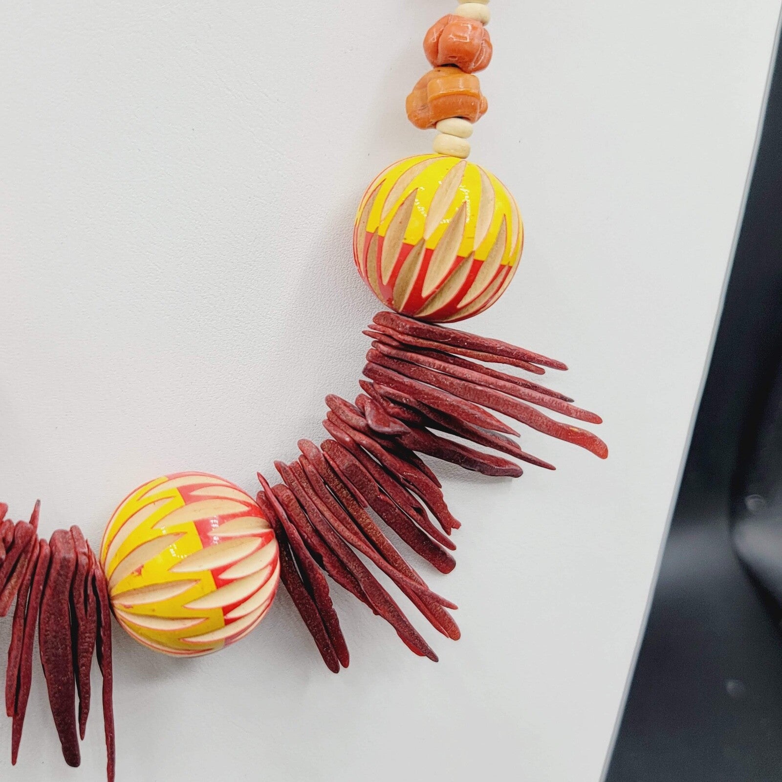 Vintage African Colorful Wooden Carved Beaded Necklace 26" Yellow Orange