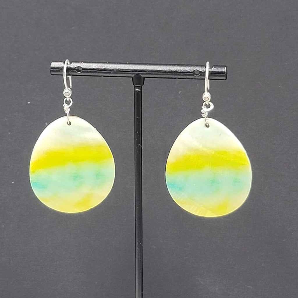 Shell Pierced Earrings Mother of Pearl Yellow Green Teardrop Dangle 1 5/8"