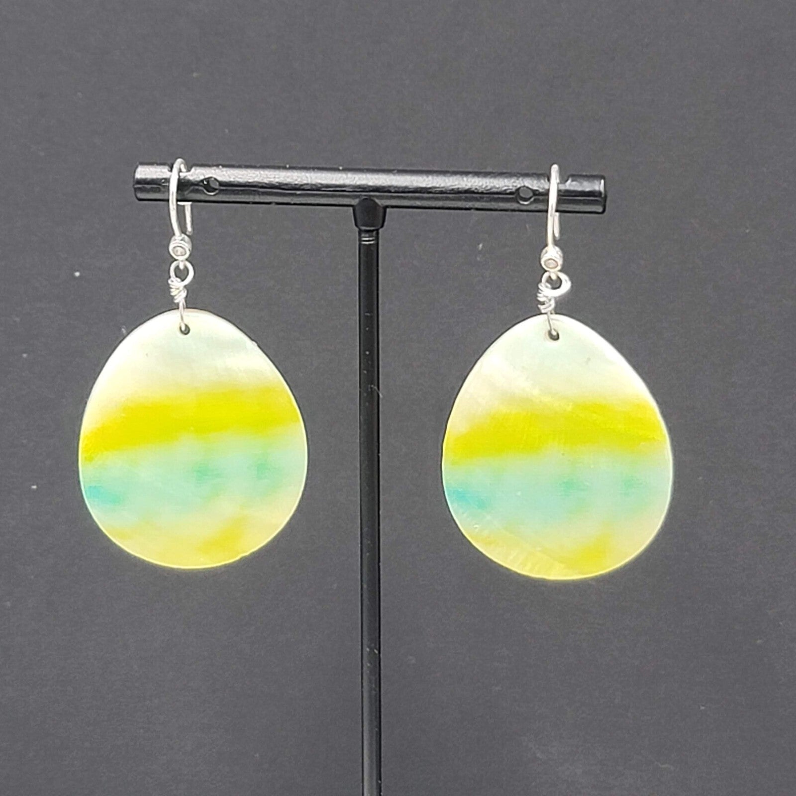 Shell Pierced Earrings Mother of Pearl Yellow Green Teardrop Dangle 1 5/8"