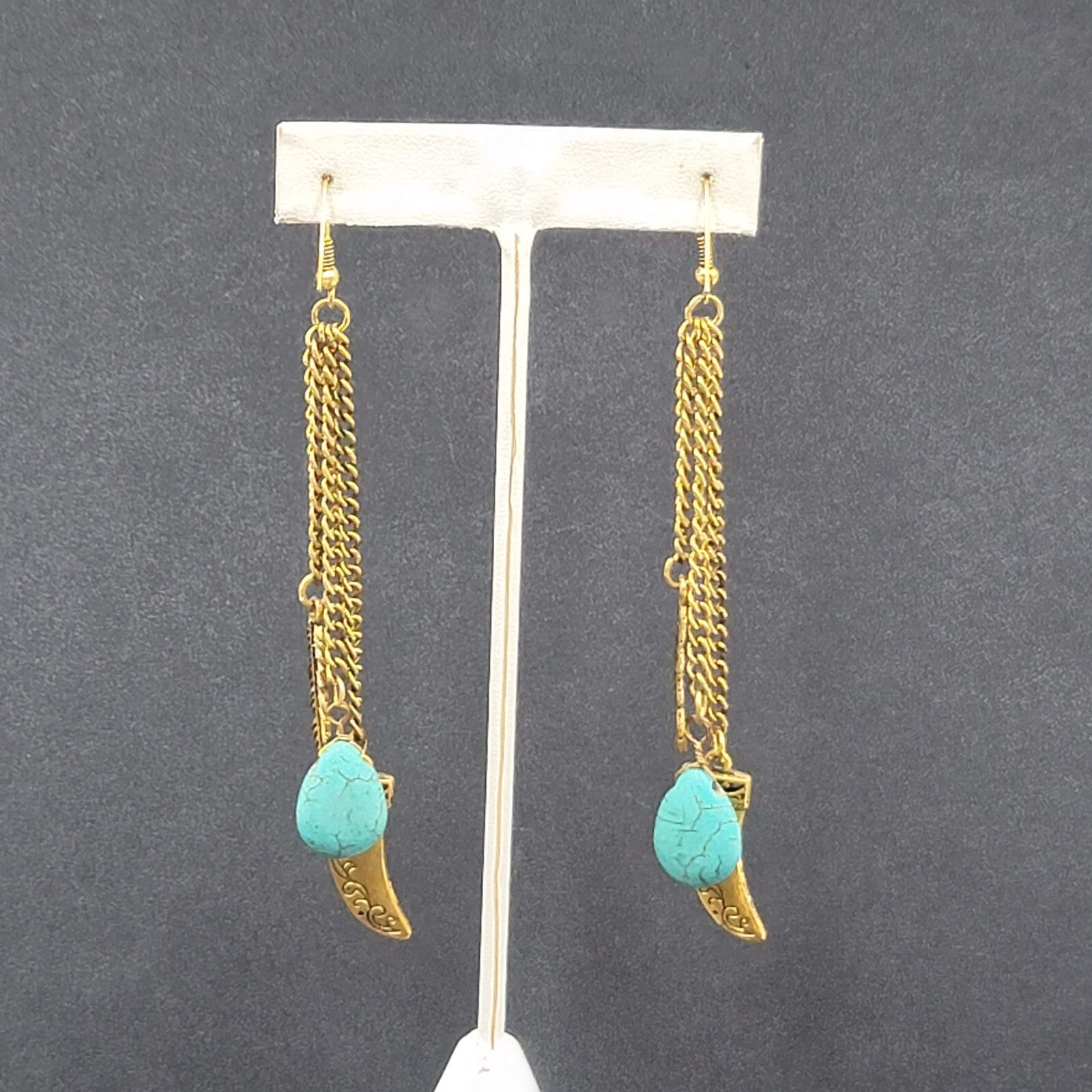 Pierced Earrings Large Gold tone Multi Chain Charms Beaded Statement 4"