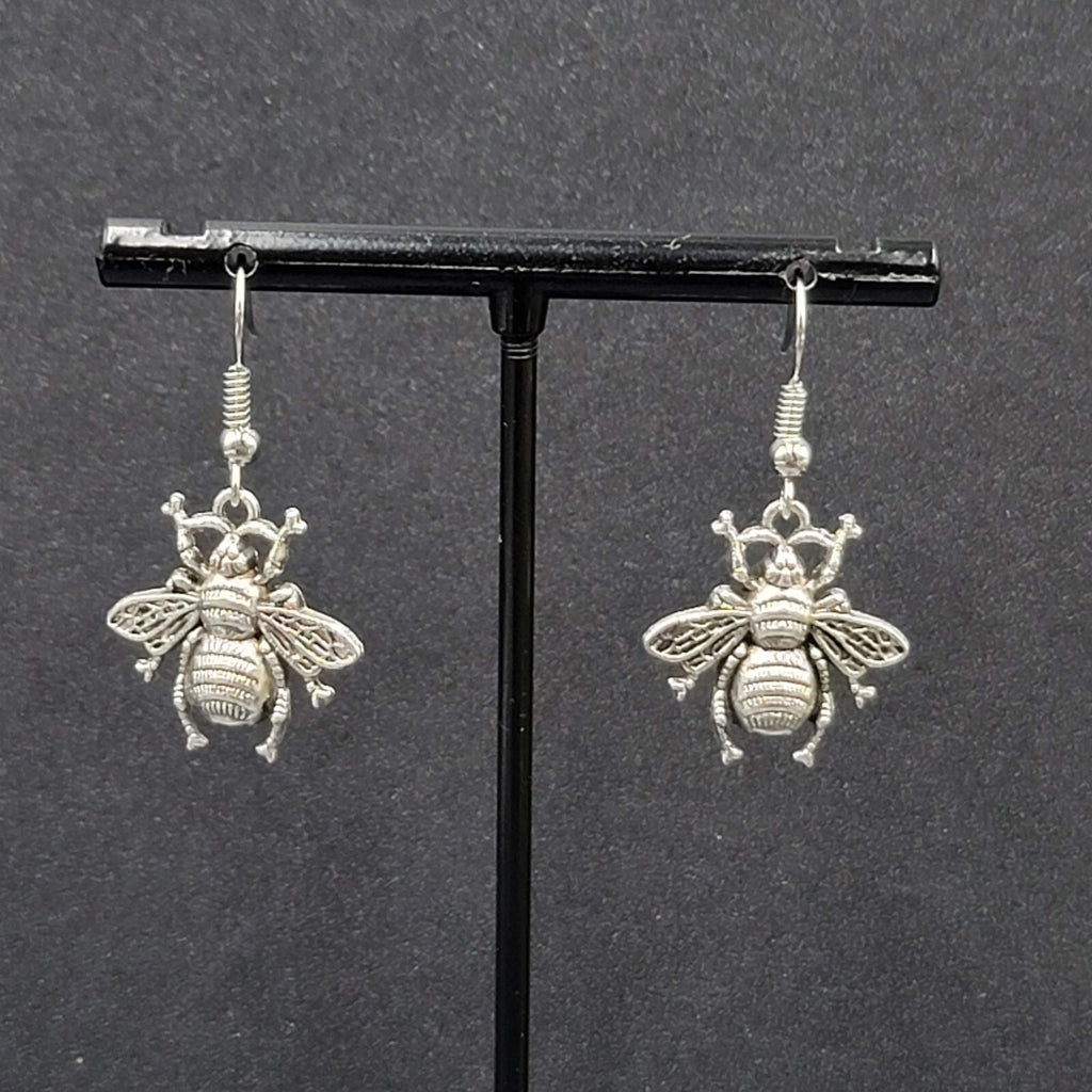 Bee Pierced Earrings Silver tone Fuzzy Embossed Dangle 7/8"