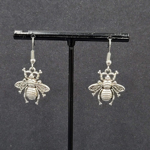 Bee Pierced Earrings Silver tone Fuzzy Embossed Dangle 7/8"