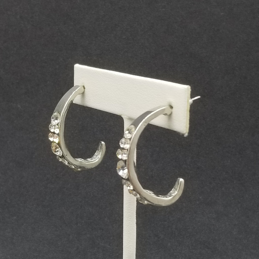 Pierced Earrings Silver tone Faceted Crystal Half Hoop Drop 1 1/4"
