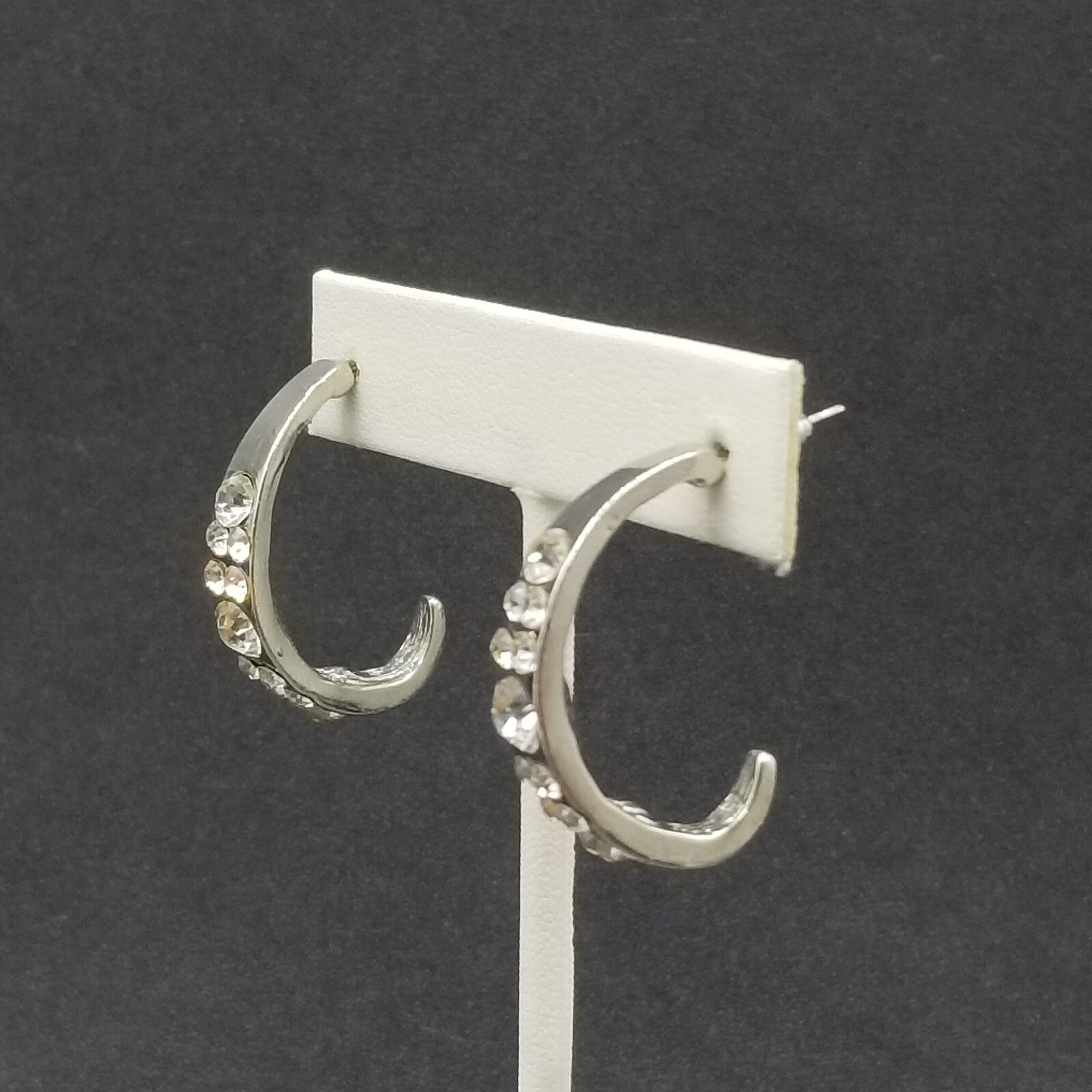 Pierced Earrings Silver tone Faceted Crystal Half Hoop Drop 1 1/4"
