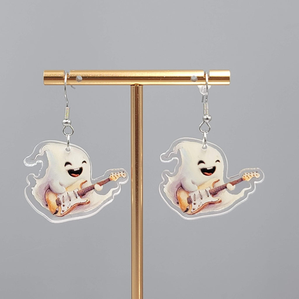 Halloween Ghost Electric Guitar Pierced Earrings Silver tone Dangle 1.5 in