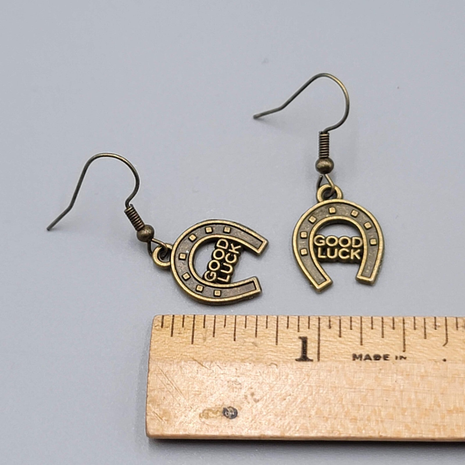 Good Luck Horseshoe Pierced Earrings Bronze tone Dangle NEW 3/4"