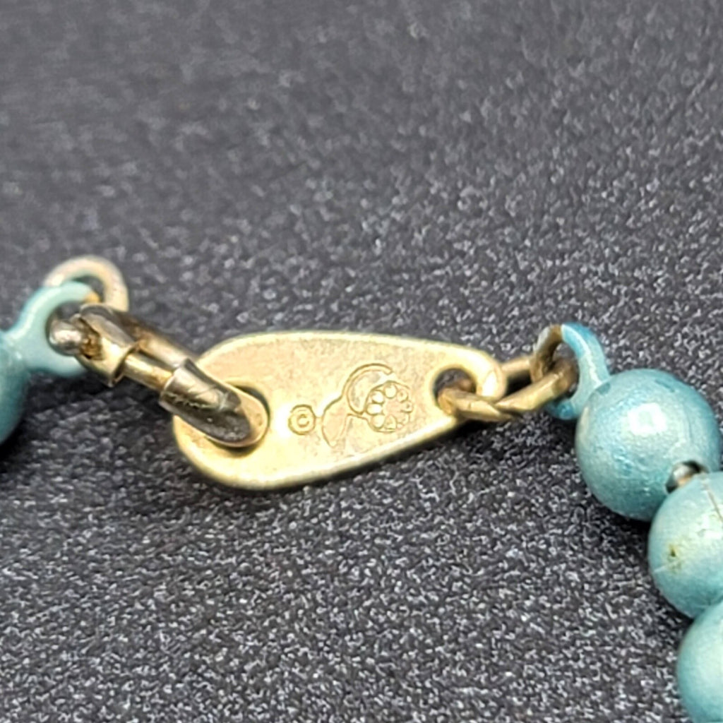 Vintage Necklace Blue Enamel Metal Beads Daisy Flower Logo Estate Jewelry 25"
