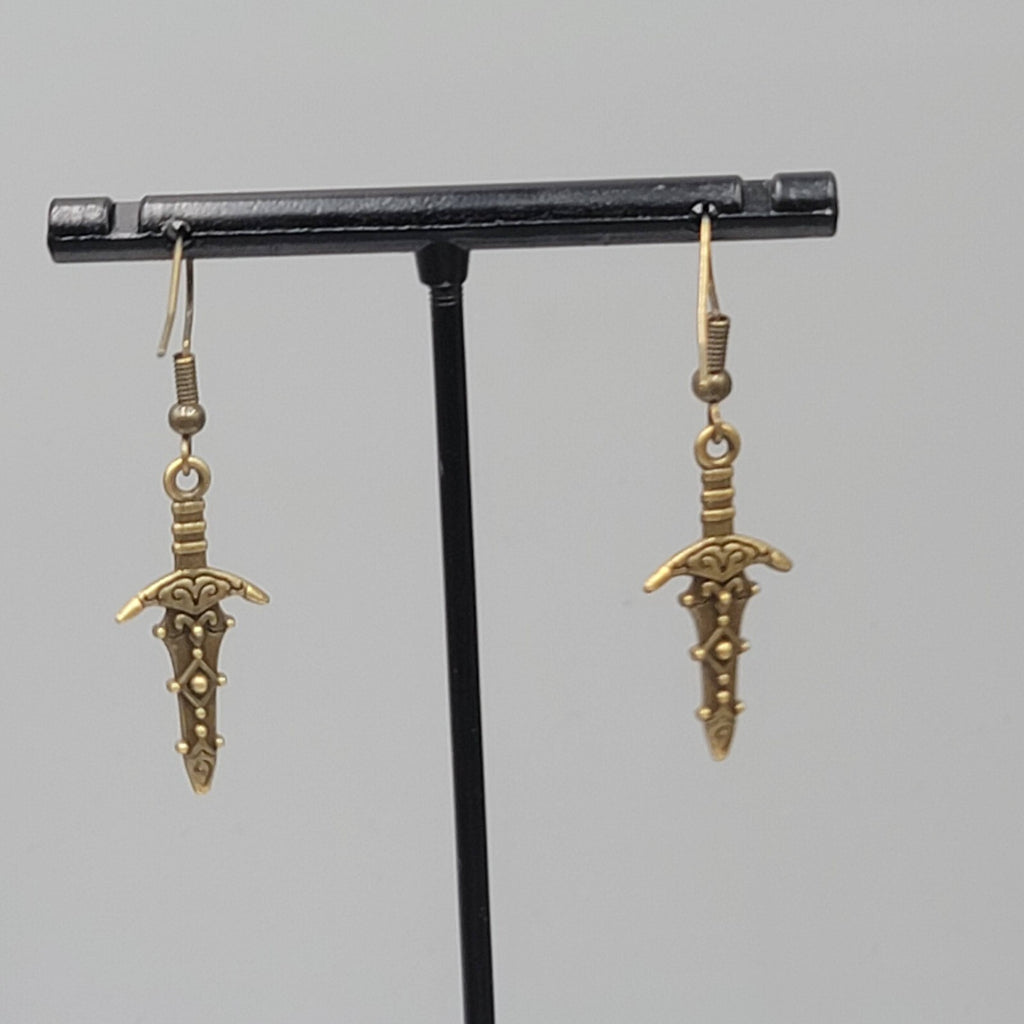 Fancy Embossed Dagger Pierced Earrings Bronze tone Dangle New 1"