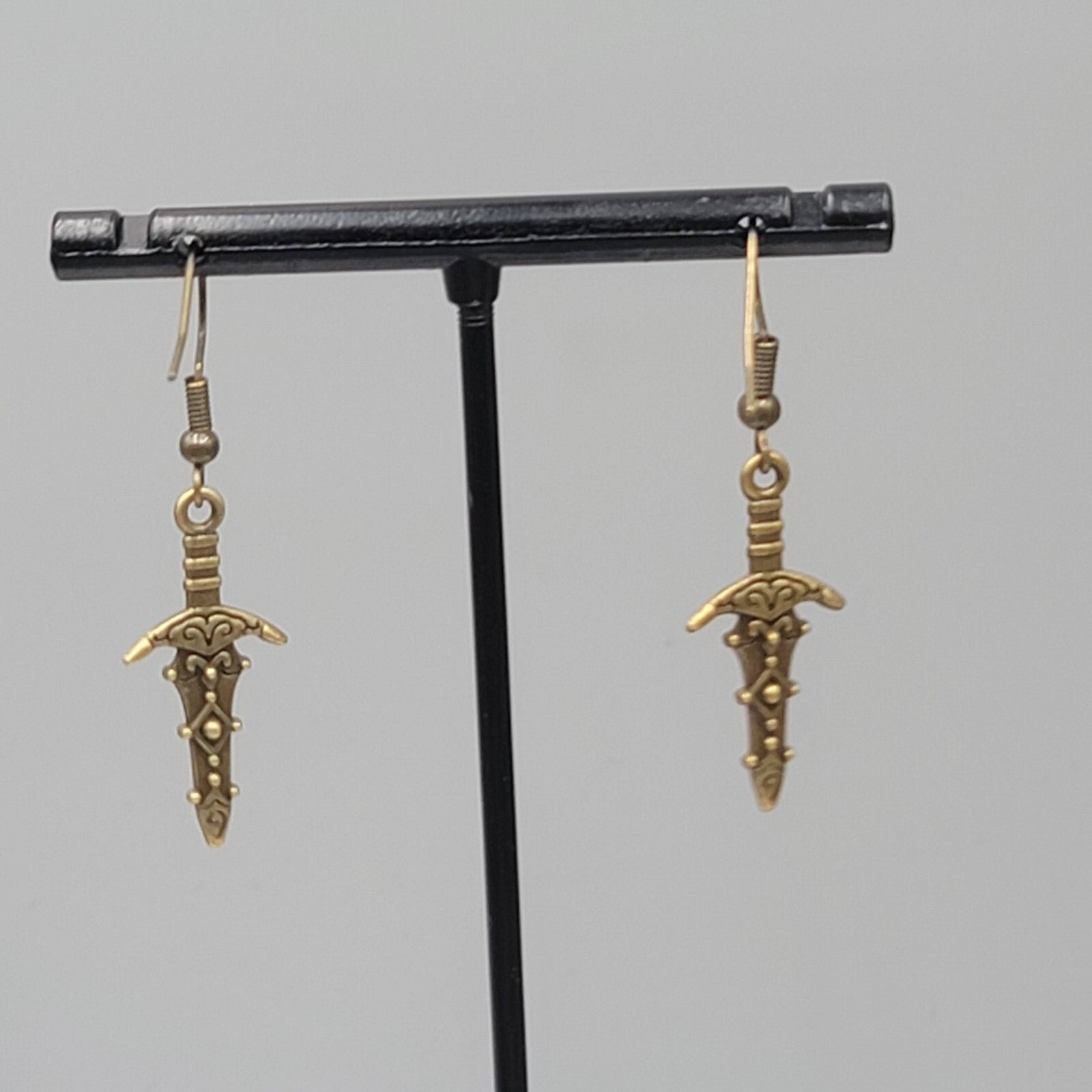 Fancy Embossed Dagger Pierced Earrings Bronze tone Dangle New 1"