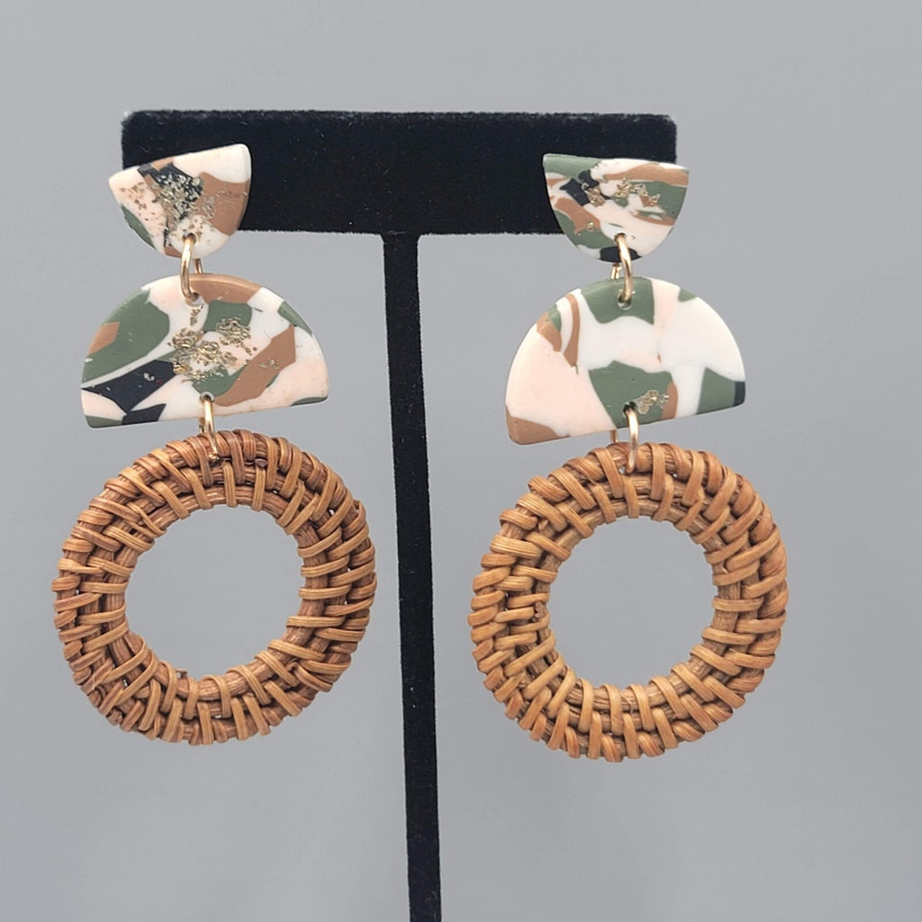 Rattan Multicolor Polymer Clay Pierced Earrings Dangle 2.75"