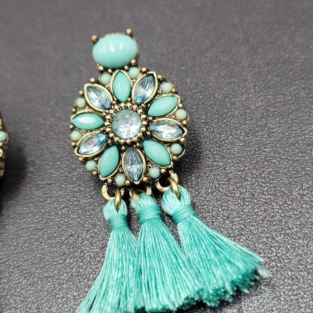 Pierced Earrings Gold tone Blue Rhinestone Tassel 2"