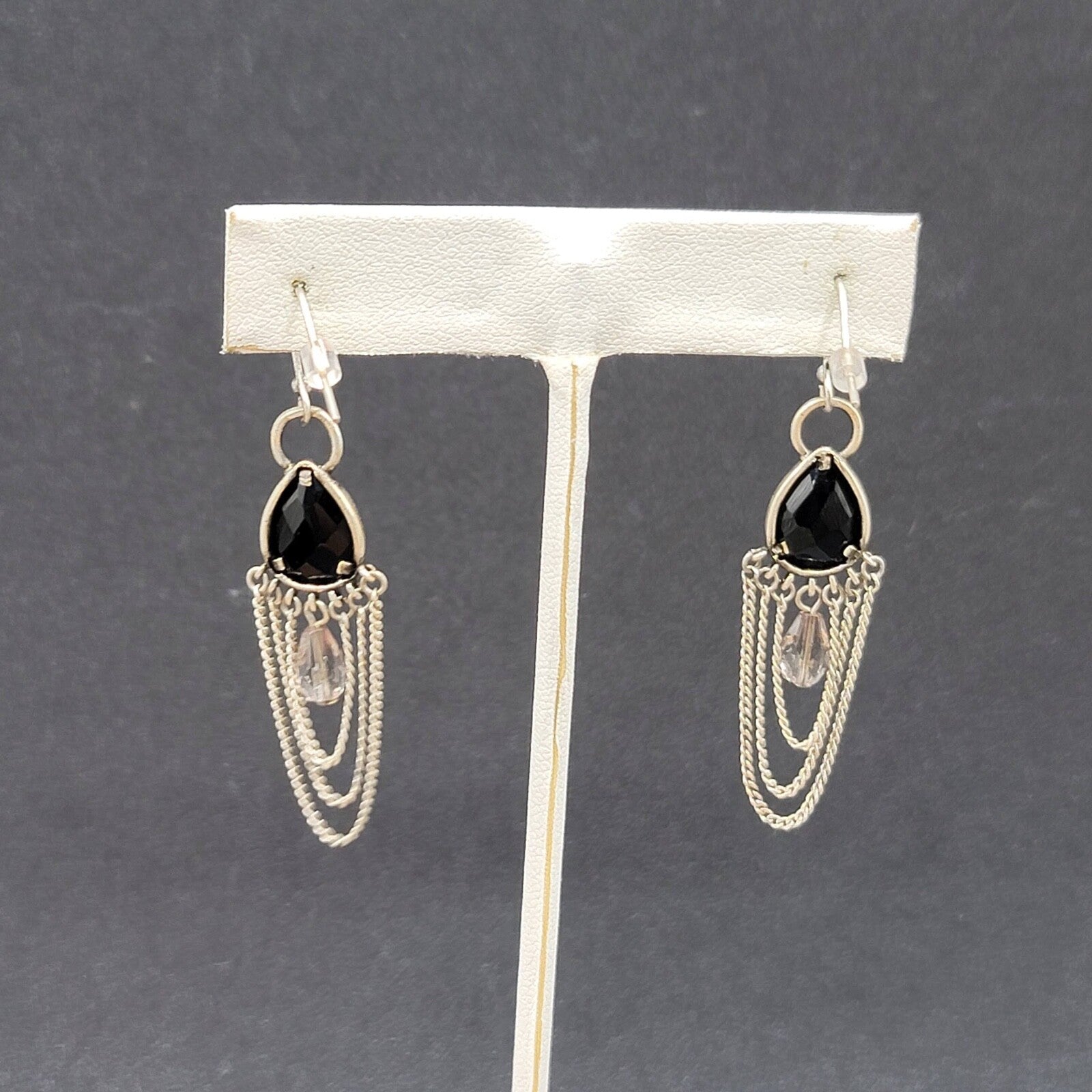 Pierced Earrings Silver tone Black Faceted Teardrop Chains  1.75"