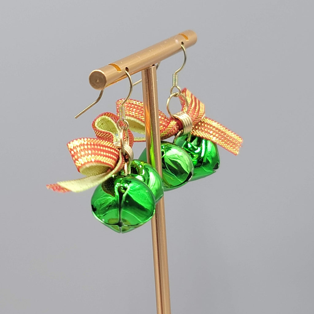 Christmas Jingle Bells Ribbon Pierced Earrings Gold tone Dangle 1 in