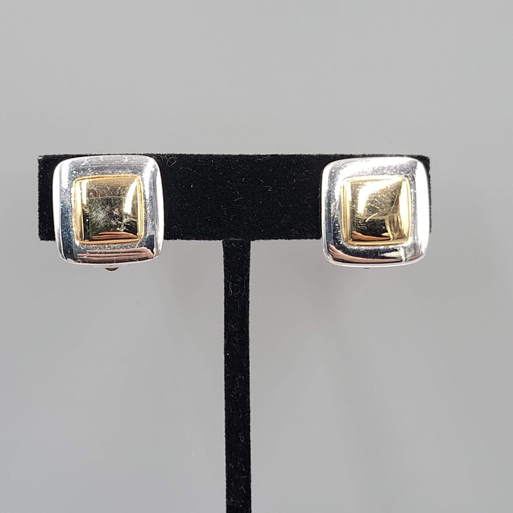 Vintage Two Toned Clip on Earrings Gold and Silver Square Studs 5/8"