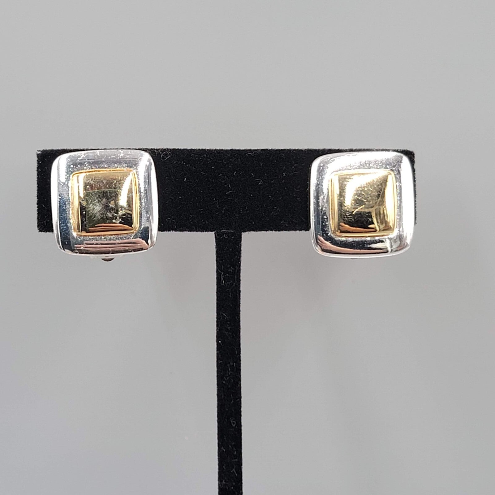 Vintage Two Toned Clip on Earrings Gold and Silver Square Studs 5/8"