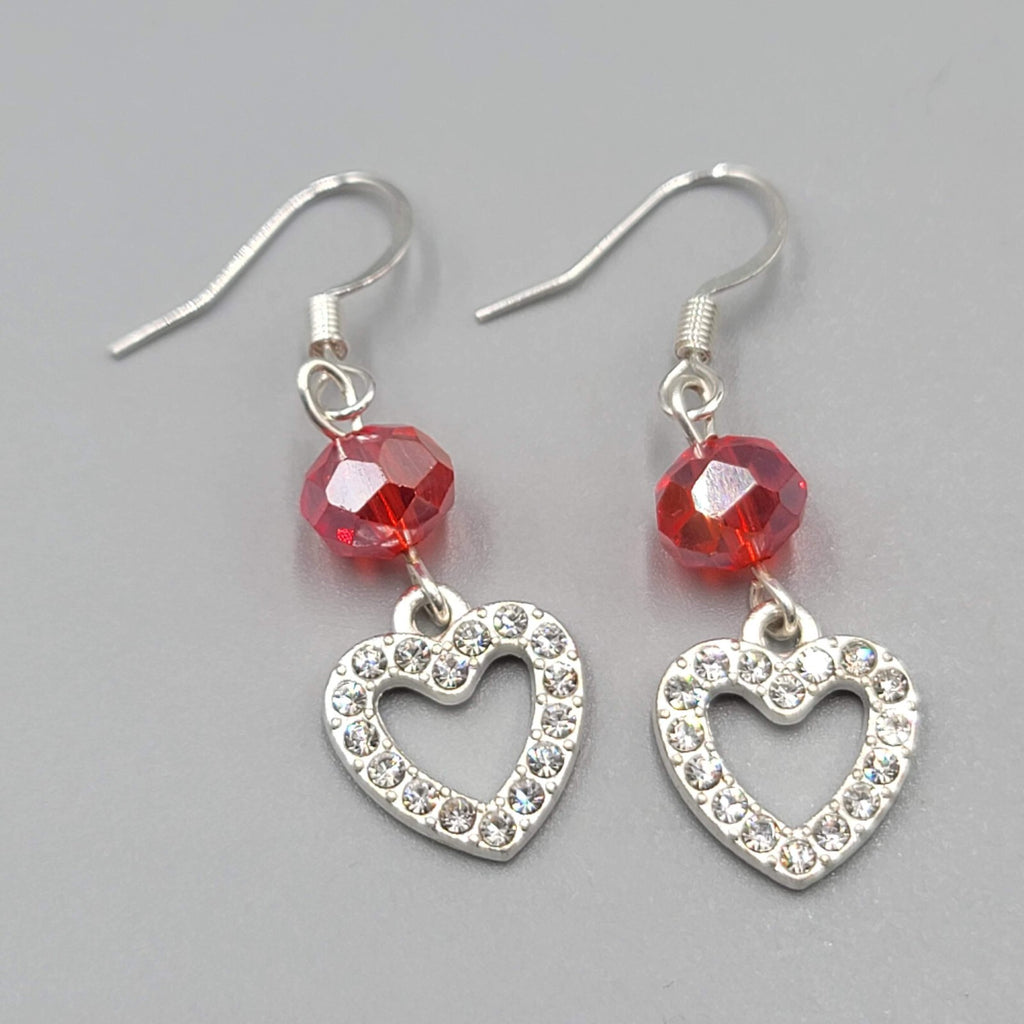 Heart Pierced Earrings Red Bead Silver tone Rhinestone Dangle 1 1/8"