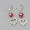 Heart Pierced Earrings Red Bead Silver tone Rhinestone Dangle 1 1/8"