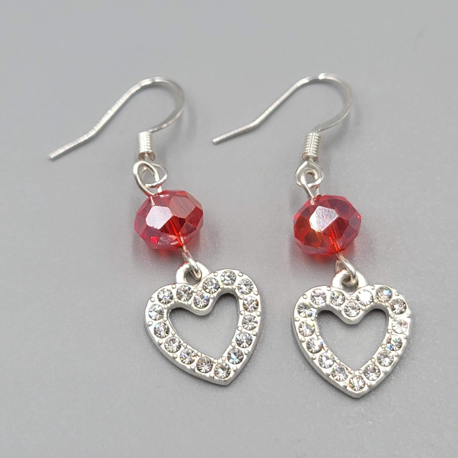 Heart Pierced Earrings Red Bead Silver tone Rhinestone Dangle 1 1/8"